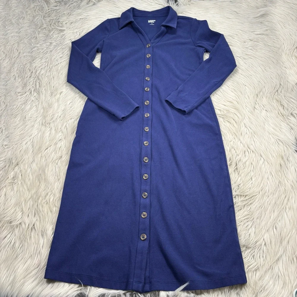 Lands' End Women's S Blue Ribbed Knit LS Button Front Midi Dress Coastal Preppy - Picture 1 of 6